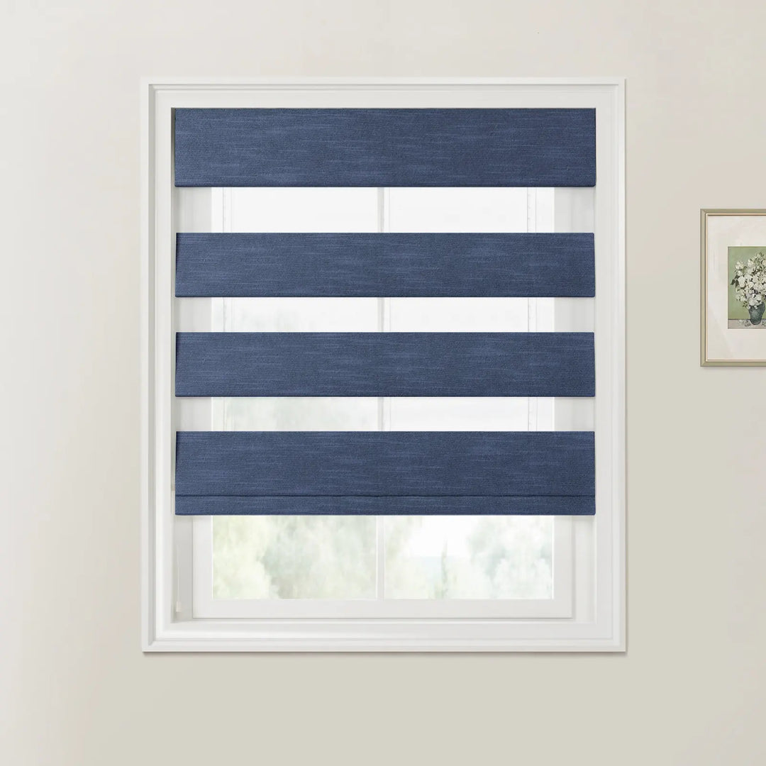 Belva Linen Cotton Zebra Roman Blind Cord Lift Greyish Deep Blue - ChadMade