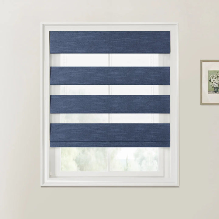 Belva Linen Cotton Zebra Roman Blind Cord Lift Greyish Deep Blue - ChadMade